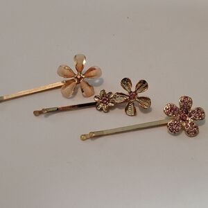 Gold Tone And Pink Rhinestone Metal Hair Pin Set